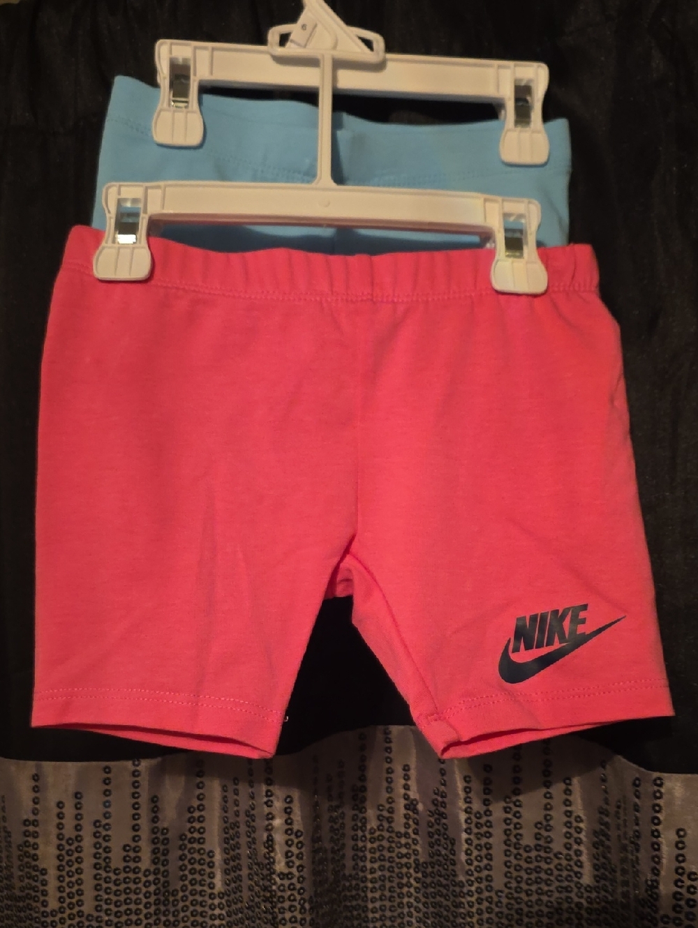 Set Of 2 Nike Girls Coral Pink & Baby Blue Logo Stretch Athletic Shorts